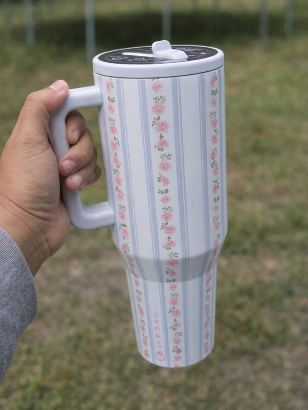 HydroJug Pink Floral Striped Travel Mug - Picture 1 of 9